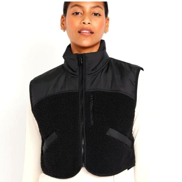 Old Navy Cropped Sherpa Fleece Hybrid Zip Vest 2X Black - Picture 1 of 7